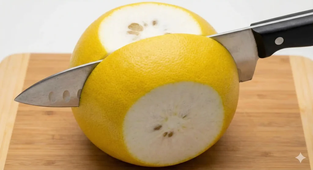 晩白柚のヘタとお尻を切り落としている画像