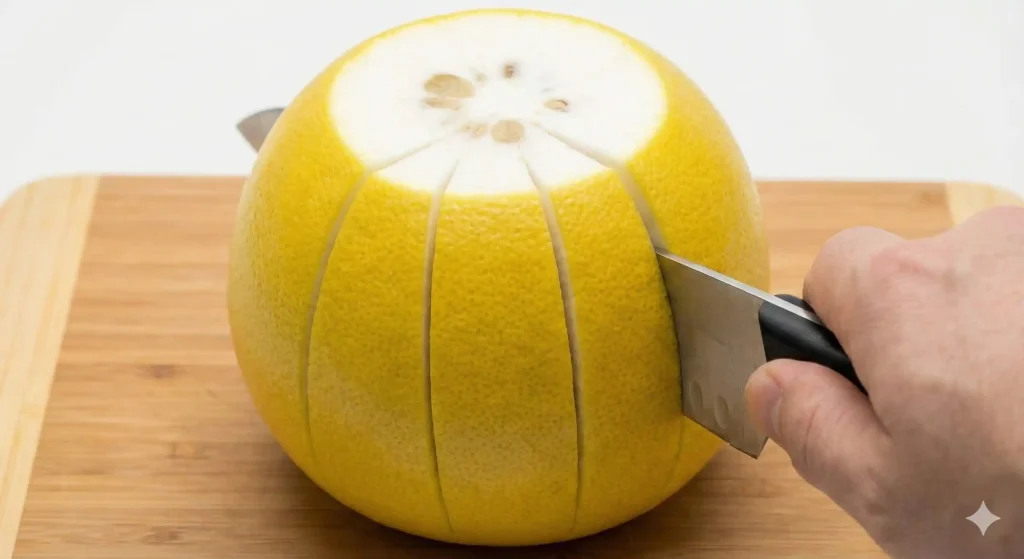 晩白柚を縦に切り込みを入れている画像