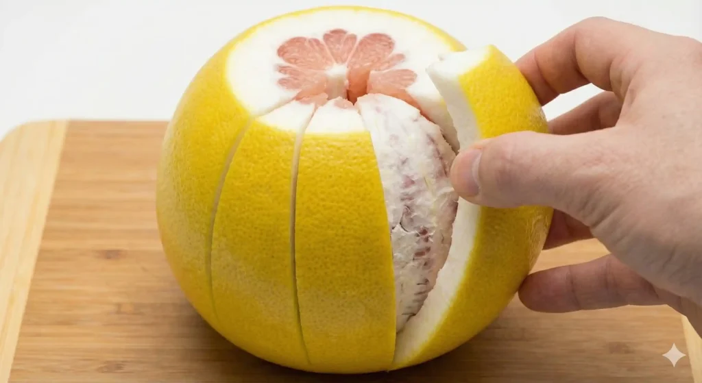 晩白柚の皮を剥がしている画像