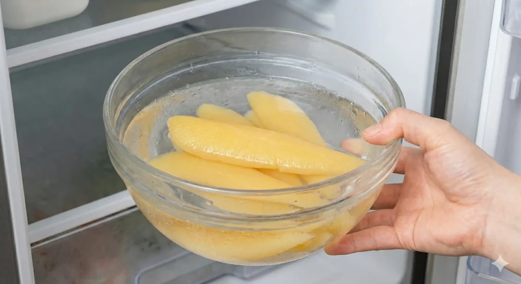 数の子が呼び水に浸かっている状態のボウルを、冷蔵庫に入れる瞬間の写真。