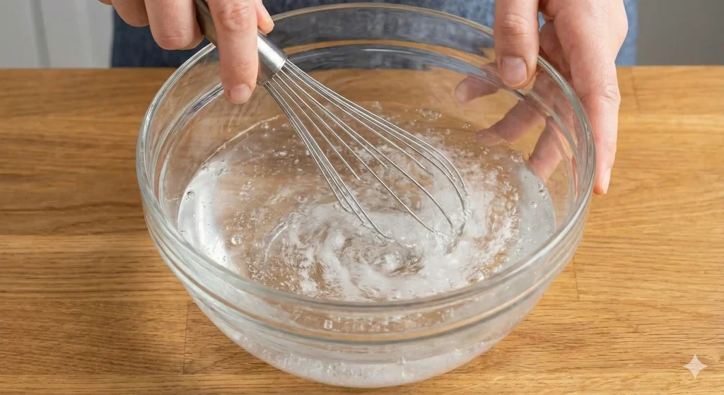 ガラスのボウルに水と塩を入れ、泡立て器で混ぜている写真。