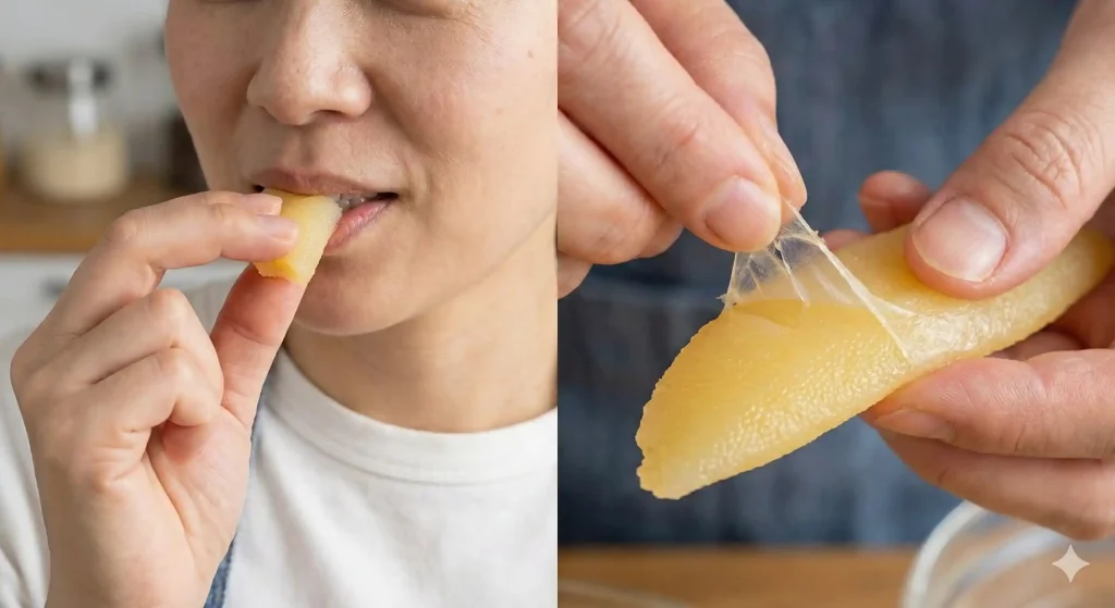 数の子の端を少しちぎって味見している様子の写真と、指で薄皮をむいている様子のクローズアップ写真。