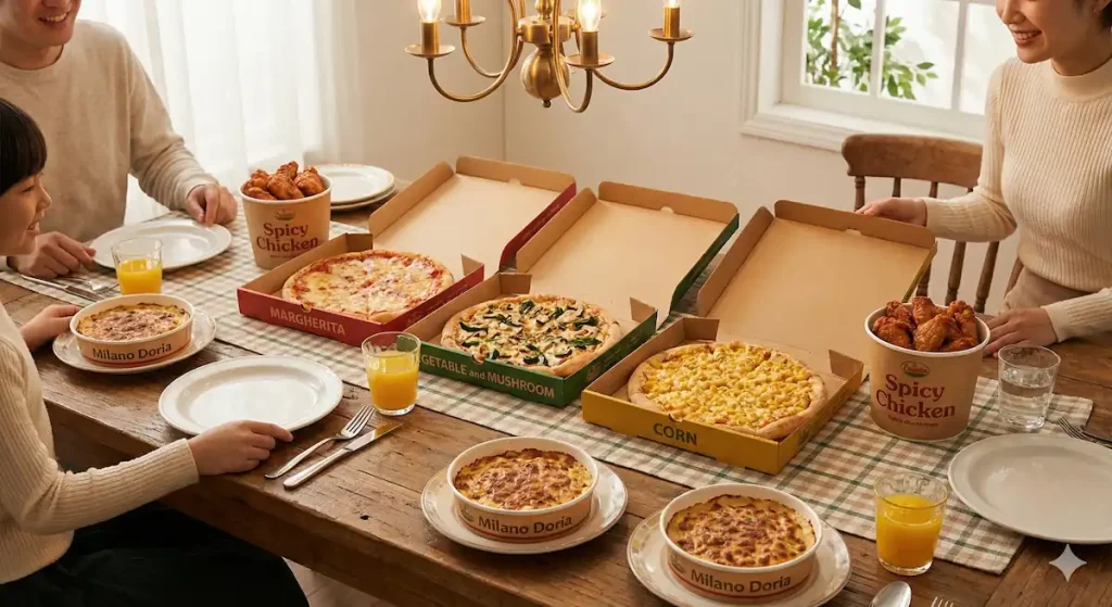 サイゼリヤのテイクアウト料理を、家のダイニングテーブルに並べたような温かい雰囲気のイメージ写真